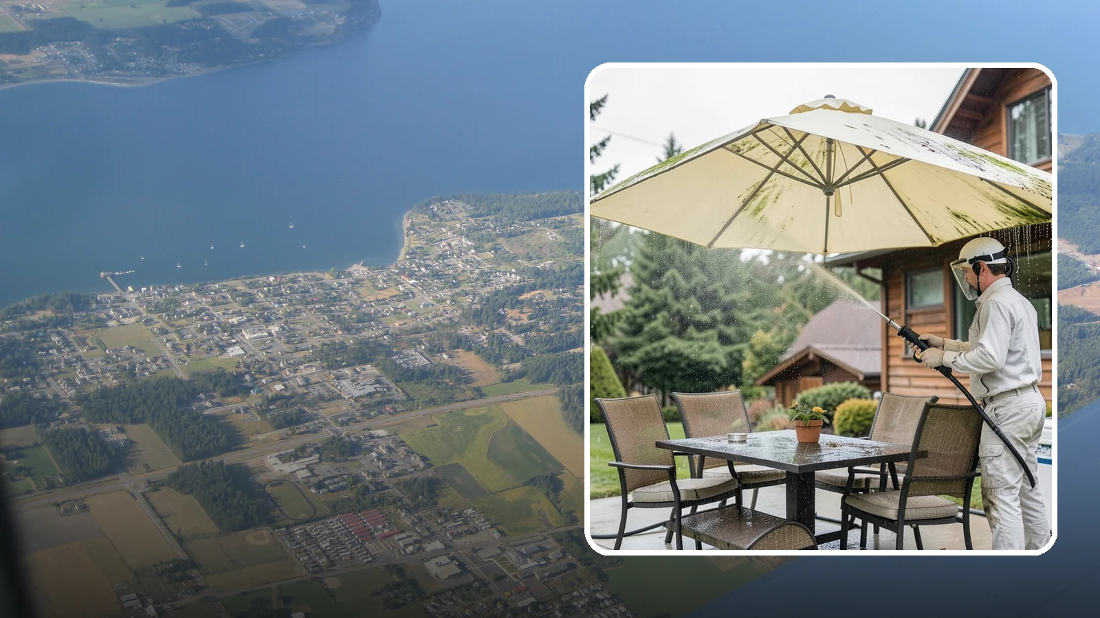 Umbrella Cleaning in Coupeville, Island County, WA - We clean patio umbrella canopies and frames to strip out the moss spotting and bird mess that collect over a long rainy season.
