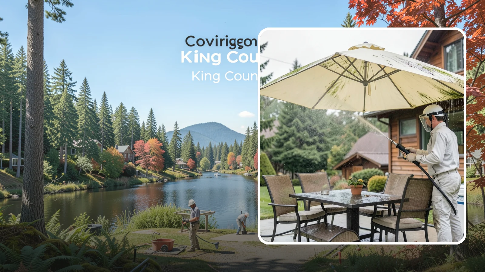 Umbrella Cleaning in Covington, King County, WA - We clean patio umbrella canopies and frames to strip out the moss spotting and bird mess that collect over a long rainy season.
