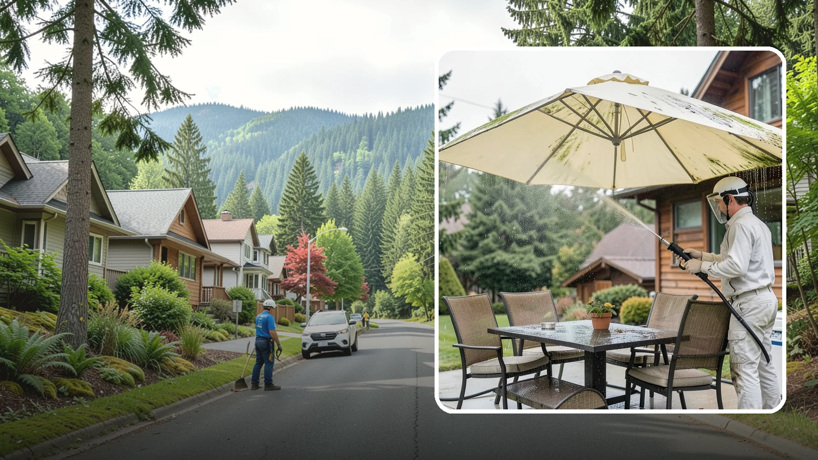 Umbrella Cleaning in Darrington, Snohomish County, WA - We clean patio umbrella canopies and frames to strip out the moss spotting and bird mess that collect over a long rainy season.