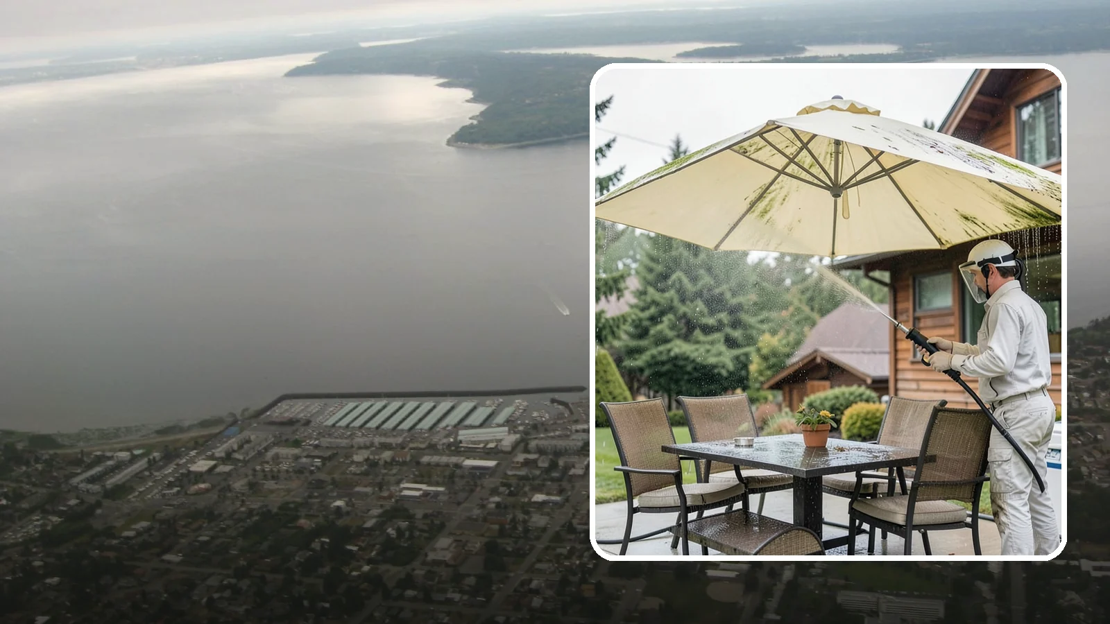 Umbrella Cleaning in Des Moines, King County, WA - We clean patio umbrella canopies and frames to strip out the moss spotting and bird mess that collect over a long rainy season.