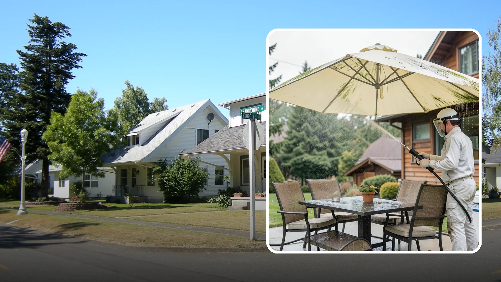 Umbrella Cleaning in DuPont, Pierce County, WA - We clean patio umbrella canopies and frames to strip out the moss spotting and bird mess that collect over a long rainy season.