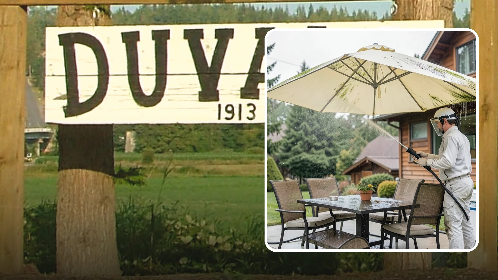 Umbrella Cleaning in Duvall, King County, WA - We clean patio umbrella canopies and frames to strip out the moss spotting and bird mess that collect over a long rainy season.