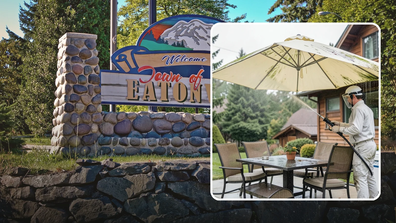 Umbrella Cleaning in Eatonville, Pierce County, WA - We clean patio umbrella canopies and frames to strip out the moss spotting and bird mess that collect over a long rainy season.