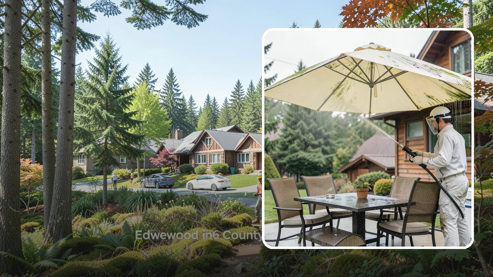 Umbrella Cleaning in Edgewood, Pierce County, WA - We clean patio umbrella canopies and frames to strip out the moss spotting and bird mess that collect over a long rainy season.