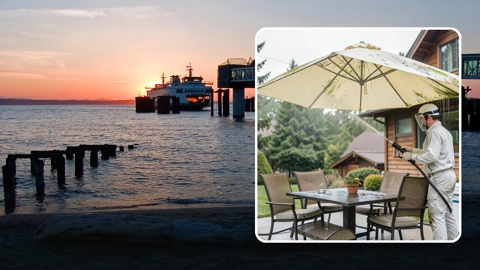Umbrella Cleaning in Edmonds, Snohomish County, WA - We clean patio umbrella canopies and frames to strip out the moss spotting and bird mess that collect over a long rainy season.