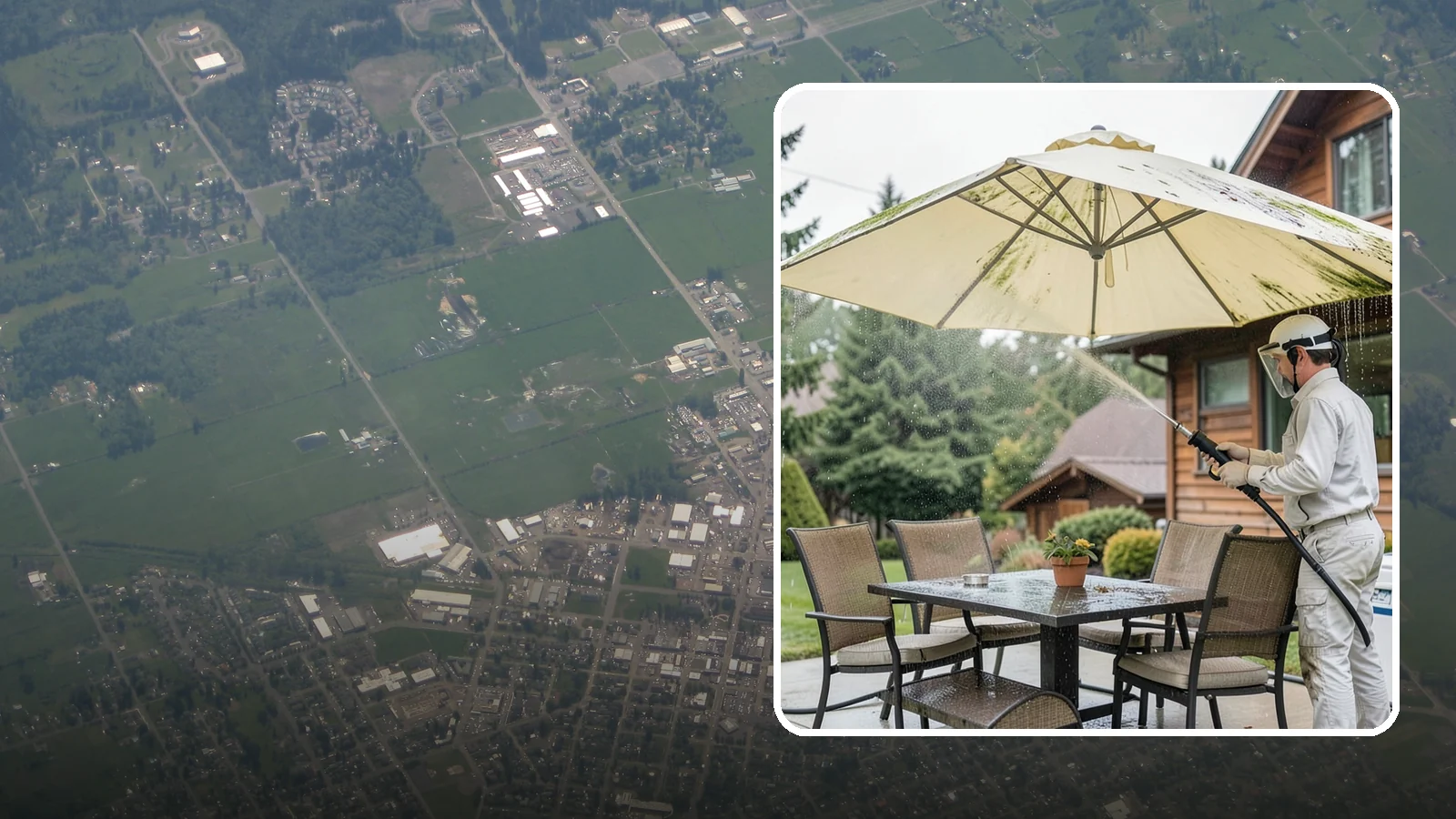 Umbrella Cleaning in Enumclaw, King County, WA - We clean patio umbrella canopies and frames to strip out the moss spotting and bird mess that collect over a long rainy season.