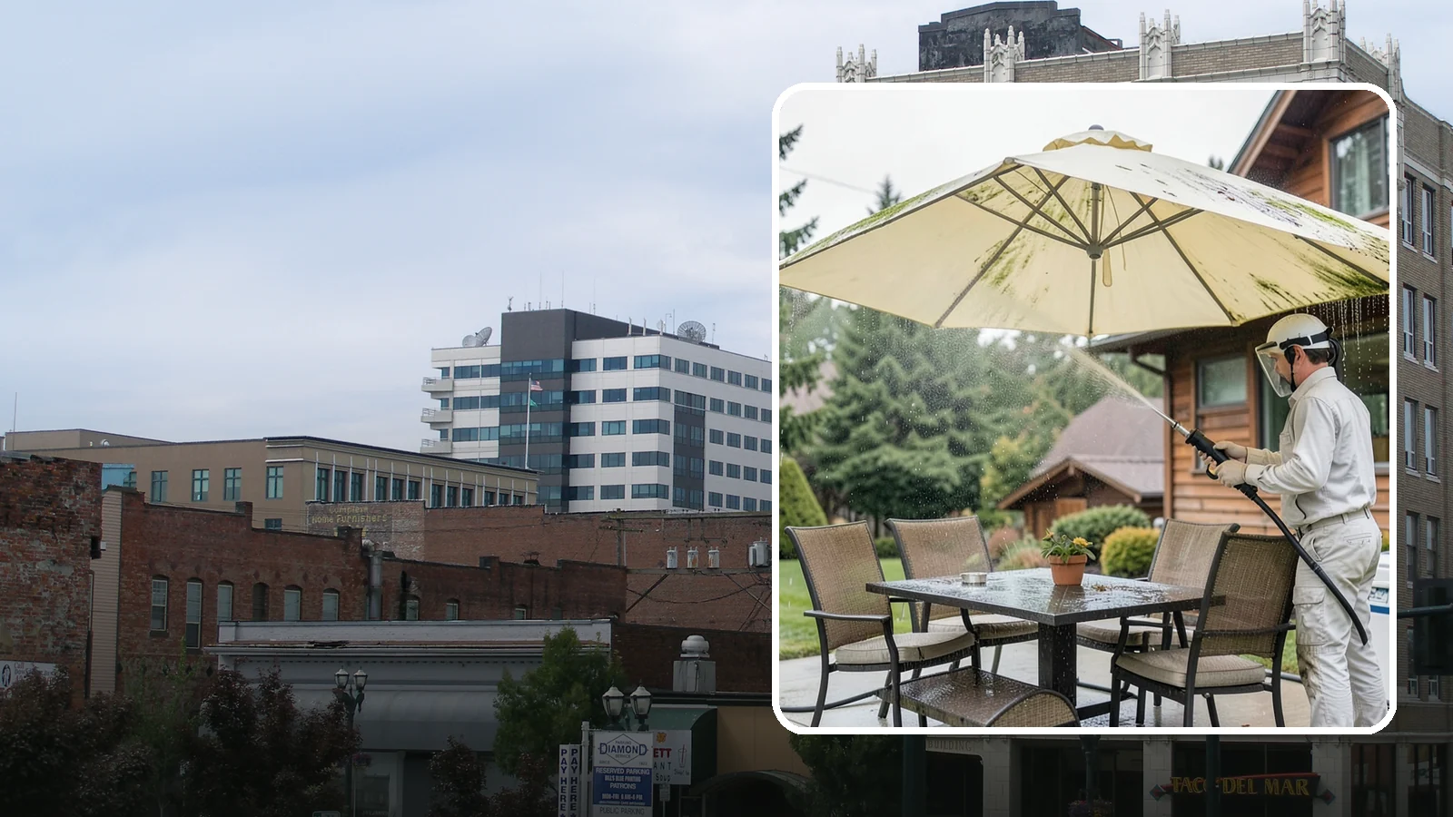 Umbrella Cleaning in Everett, Snohomish County, WA - We clean patio umbrella canopies and frames to strip out the moss spotting and bird mess that collect over a long rainy season.