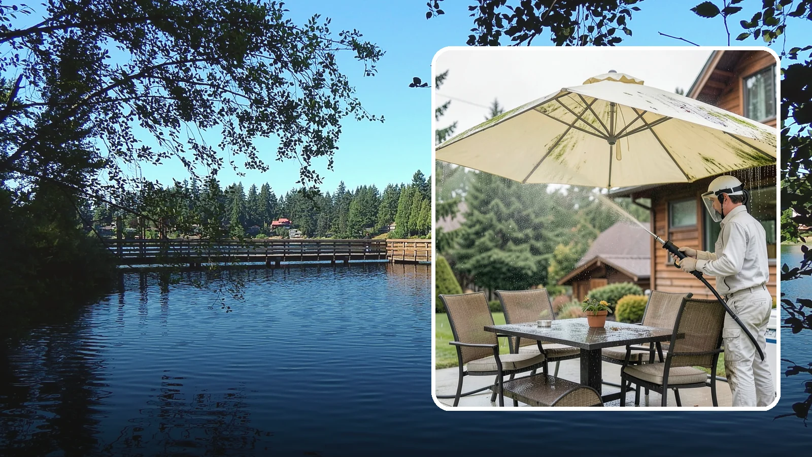 Umbrella Cleaning in Federal Way, King County, WA - We clean patio umbrella canopies and frames to strip out the moss spotting and bird mess that collect over a long rainy season.
