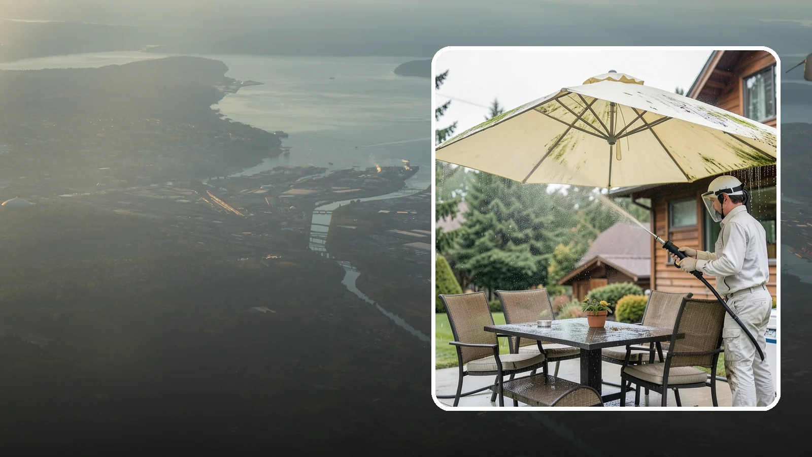 Umbrella Cleaning in Fife, Pierce County, WA - We clean patio umbrella canopies and frames to strip out the moss spotting and bird mess that collect over a long rainy season.