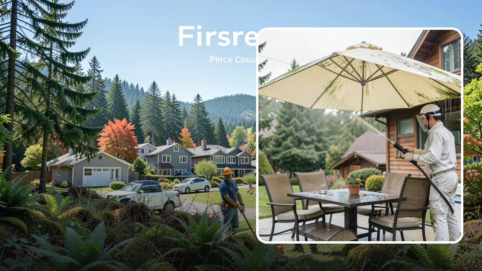 Umbrella Cleaning in Fircrest, Pierce County, WA - We clean patio umbrella canopies and frames to strip out the moss spotting and bird mess that collect over a long rainy season.