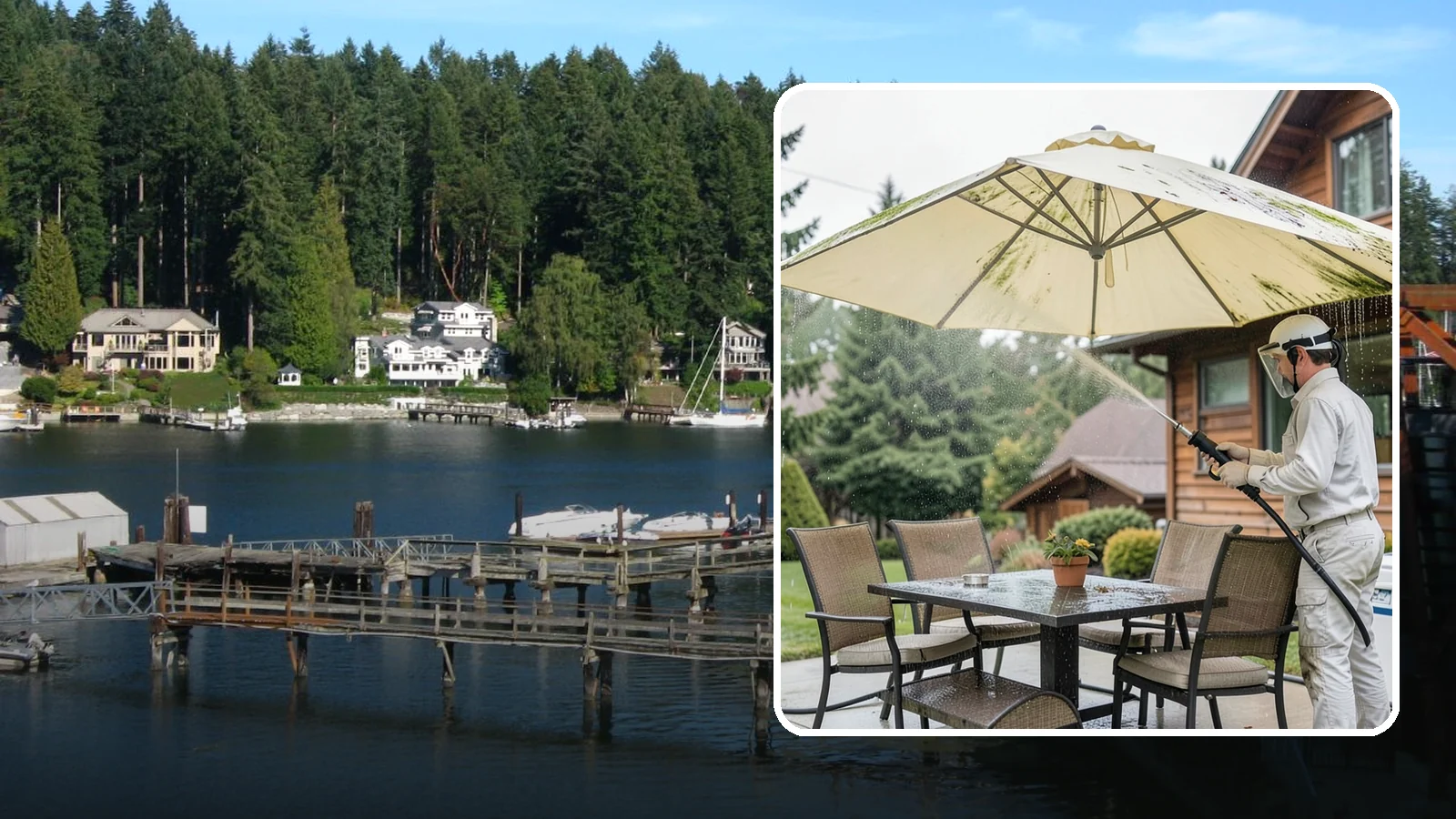Umbrella Cleaning in Gig Harbor, Pierce County, WA - We clean patio umbrella canopies and frames to strip out the moss spotting and bird mess that collect over a long rainy season.