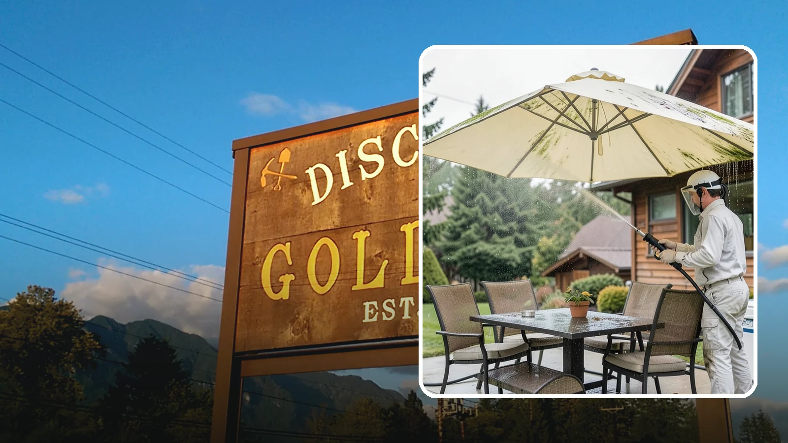 Umbrella Cleaning in Gold Bar, Snohomish County, WA - We clean patio umbrella canopies and frames to strip out the moss spotting and bird mess that collect over a long rainy season.