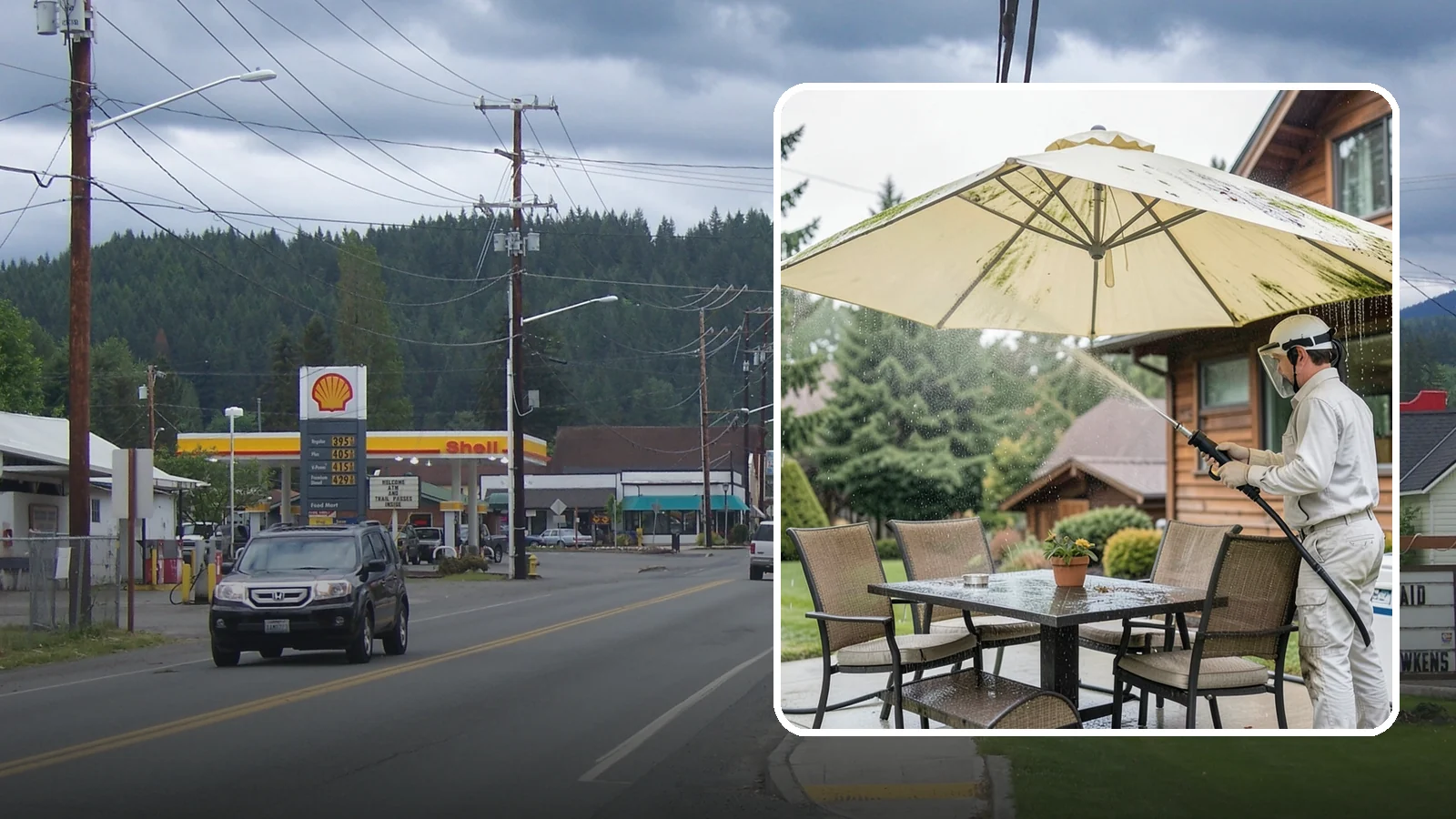 Umbrella Cleaning in Granite Falls, Snohomish County, WA - We clean patio umbrella canopies and frames to strip out the moss spotting and bird mess that collect over a long rainy season.