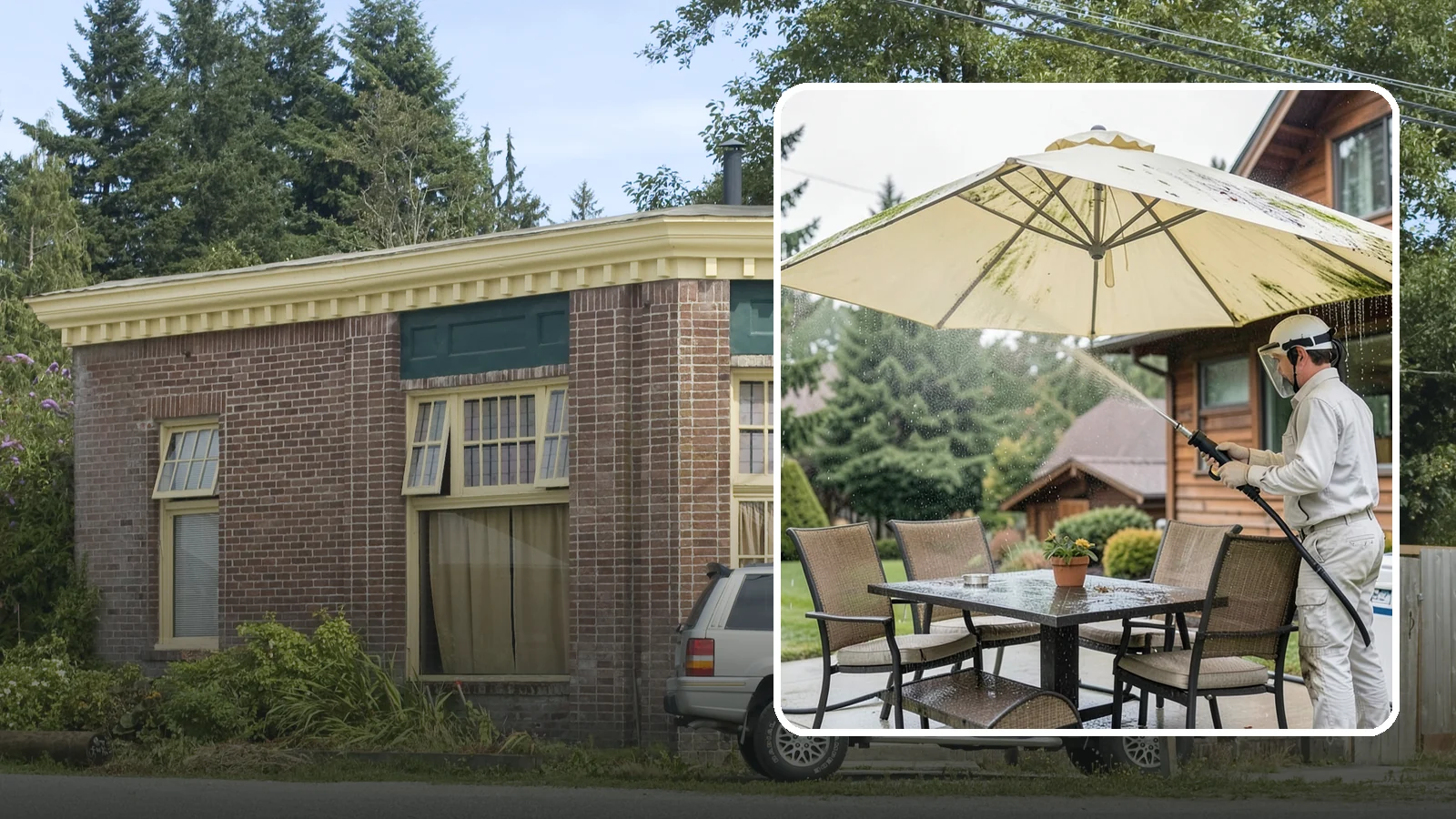 Umbrella Cleaning in Hamilton, Skagit County, WA - We clean patio umbrella canopies and frames to strip out the moss spotting and bird mess that collect over a long rainy season.