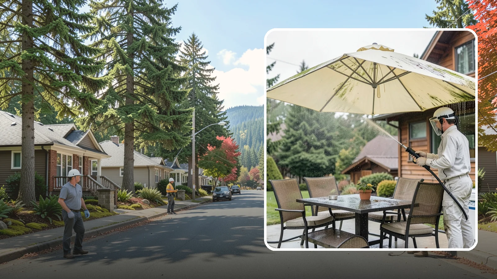 Umbrella Cleaning in Hunts Point, King County, WA - We clean patio umbrella canopies and frames to strip out the moss spotting and bird mess that collect over a long rainy season.