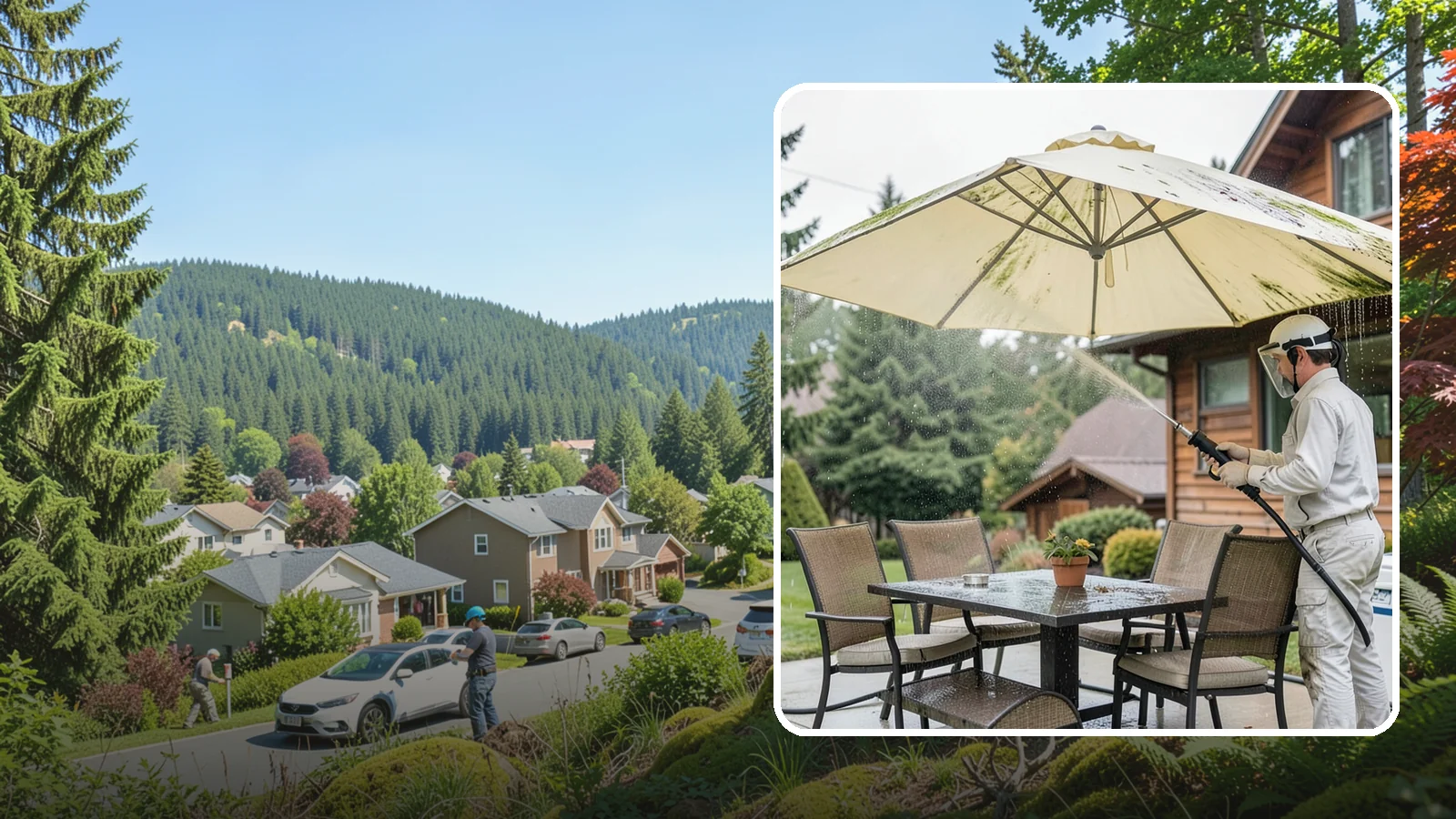 Umbrella Cleaning in Index, Snohomish County, WA - We clean patio umbrella canopies and frames to strip out the moss spotting and bird mess that collect over a long rainy season.