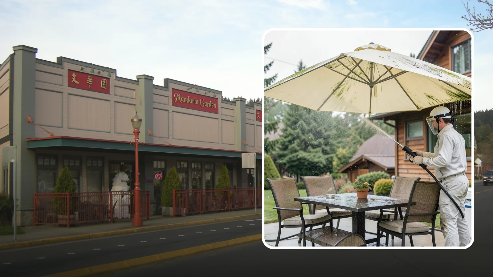 Umbrella Cleaning in Issaquah, King County, WA - We clean patio umbrella canopies and frames to strip out the moss spotting and bird mess that collect over a long rainy season.
