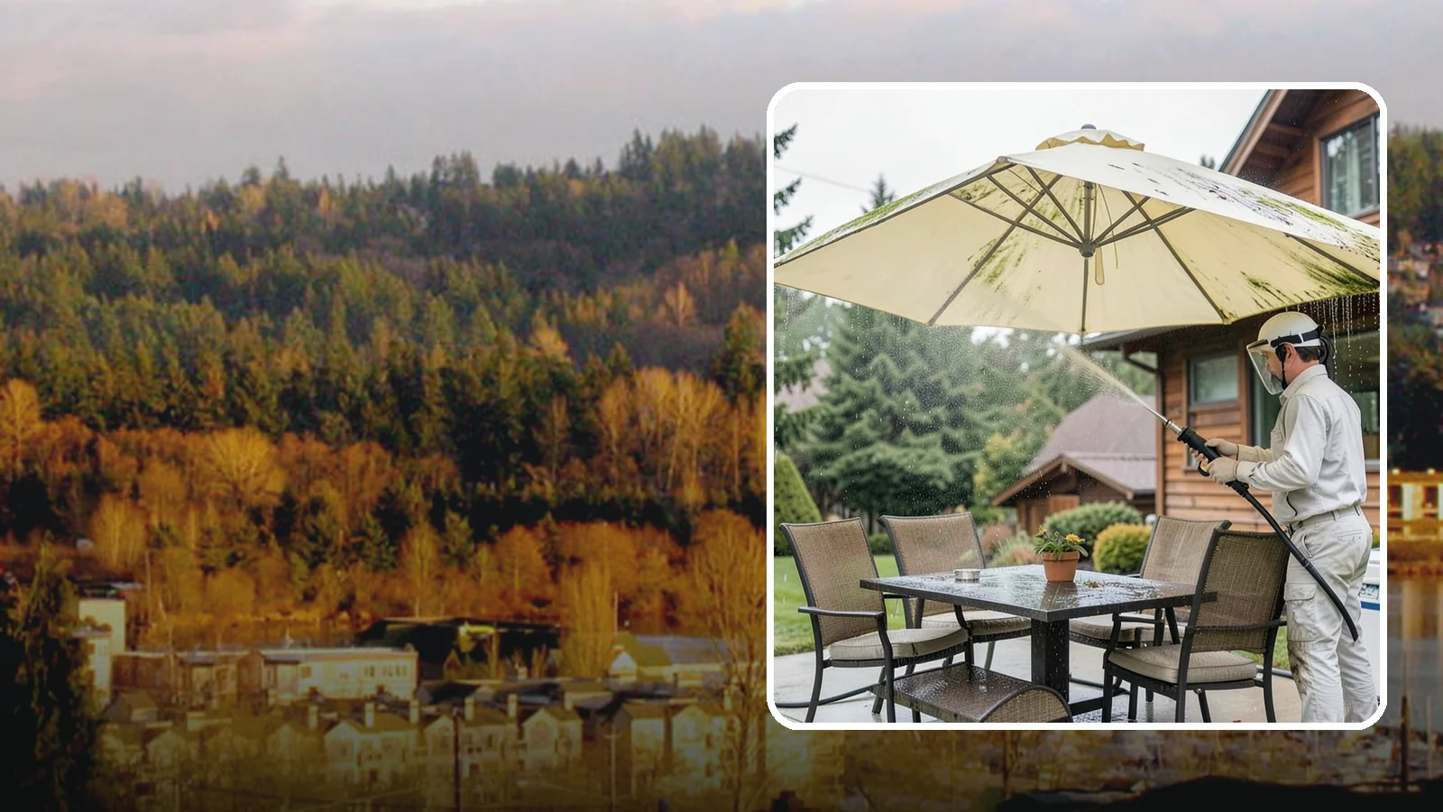 Umbrella Cleaning in Kenmore, King County, WA - We clean patio umbrella canopies and frames to strip out the moss spotting and bird mess that collect over a long rainy season.