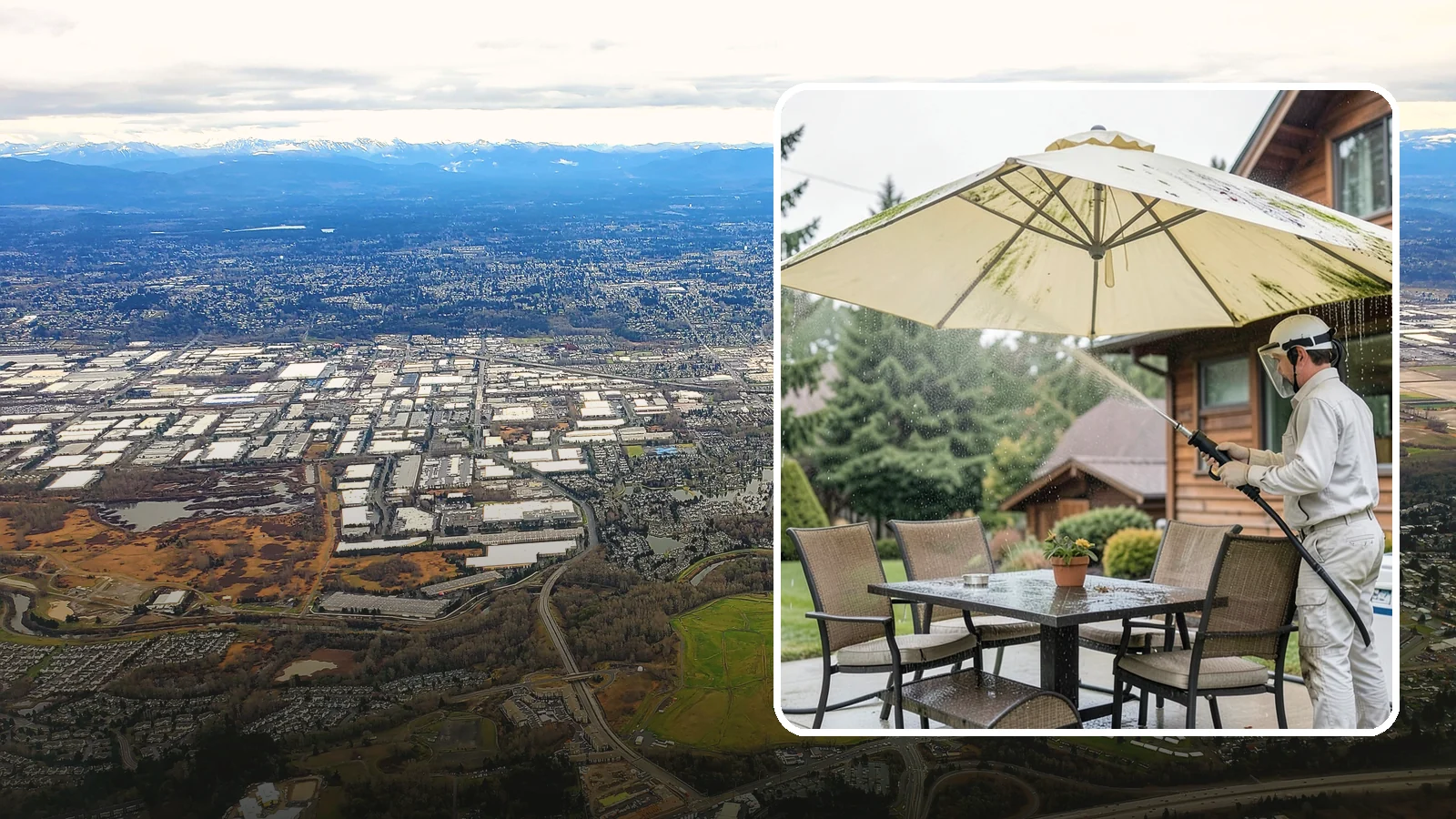Umbrella Cleaning in Kent, King County, WA - We clean patio umbrella canopies and frames to strip out the moss spotting and bird mess that collect over a long rainy season.