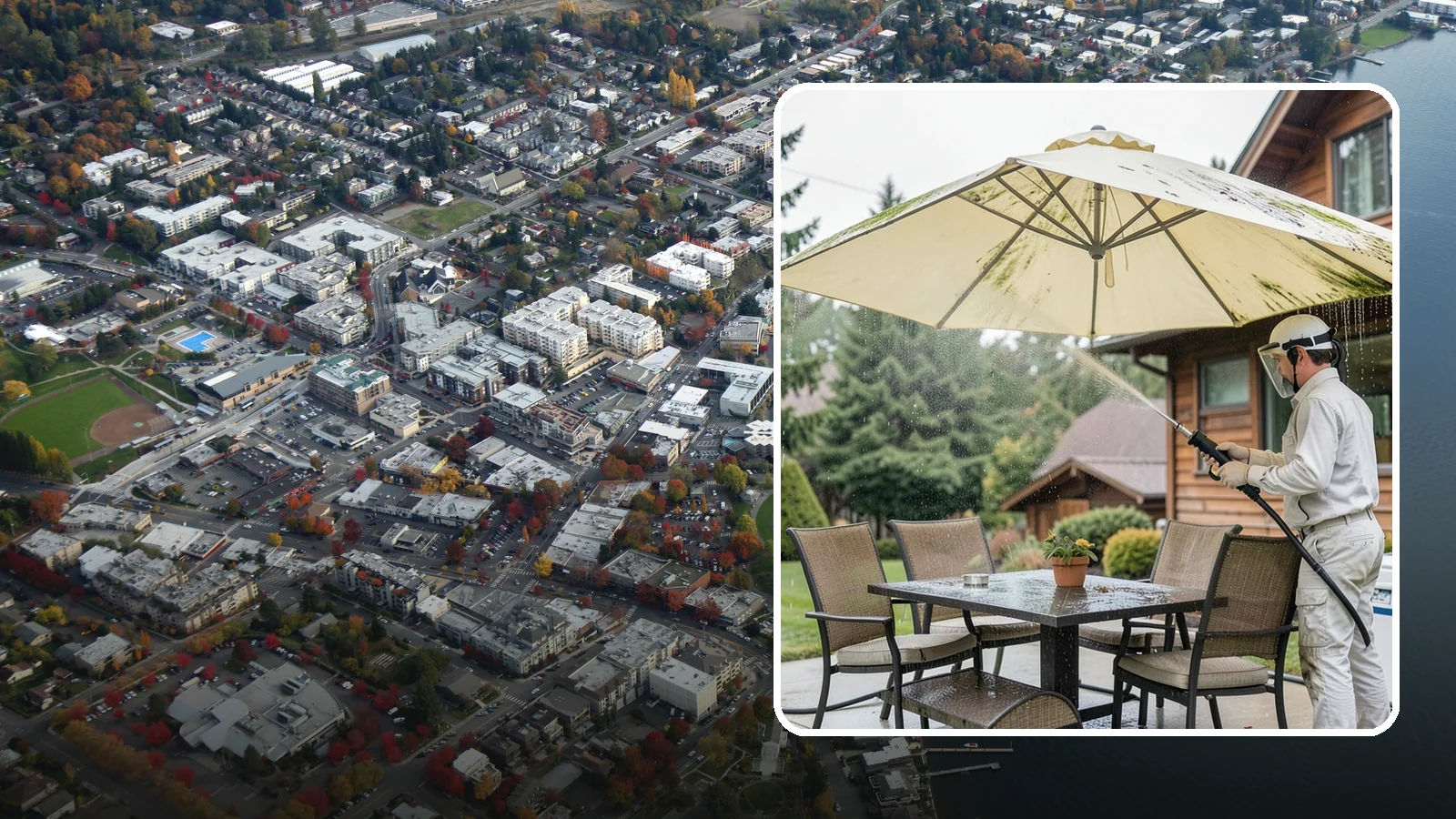 Umbrella Cleaning in Kirkland, King County, WA - We clean patio umbrella canopies and frames to strip out the moss spotting and bird mess that collect over a long rainy season.