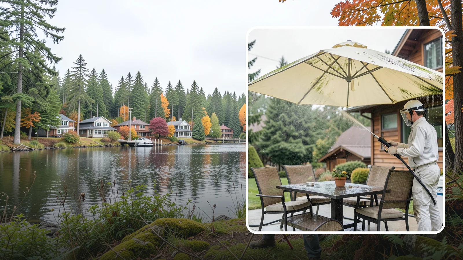 Umbrella Cleaning in La Conner, Skagit County, WA - We clean patio umbrella canopies and frames to strip out the moss spotting and bird mess that collect over a long rainy season.