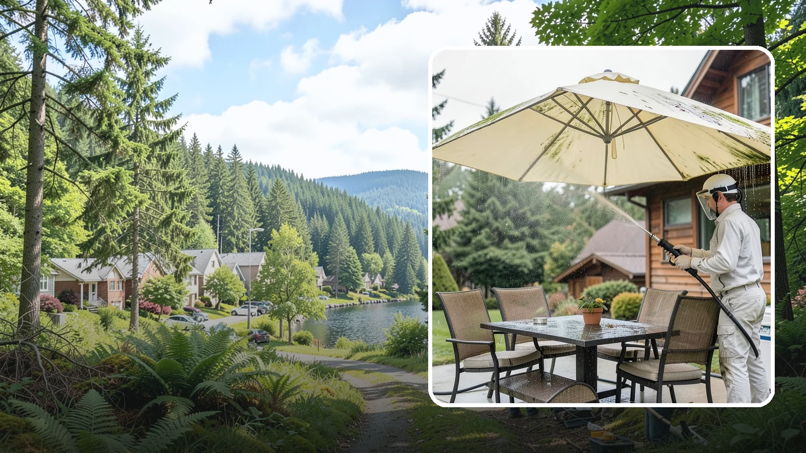 Umbrella Cleaning in Lake Forest Park, King County, WA - We clean patio umbrella canopies and frames to strip out the moss spotting and bird mess that collect over a long rainy season.