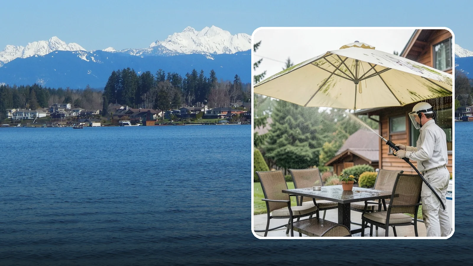 Umbrella Cleaning in Lake Stevens, Snohomish County, WA - We clean patio umbrella canopies and frames to strip out the moss spotting and bird mess that collect over a long rainy season.