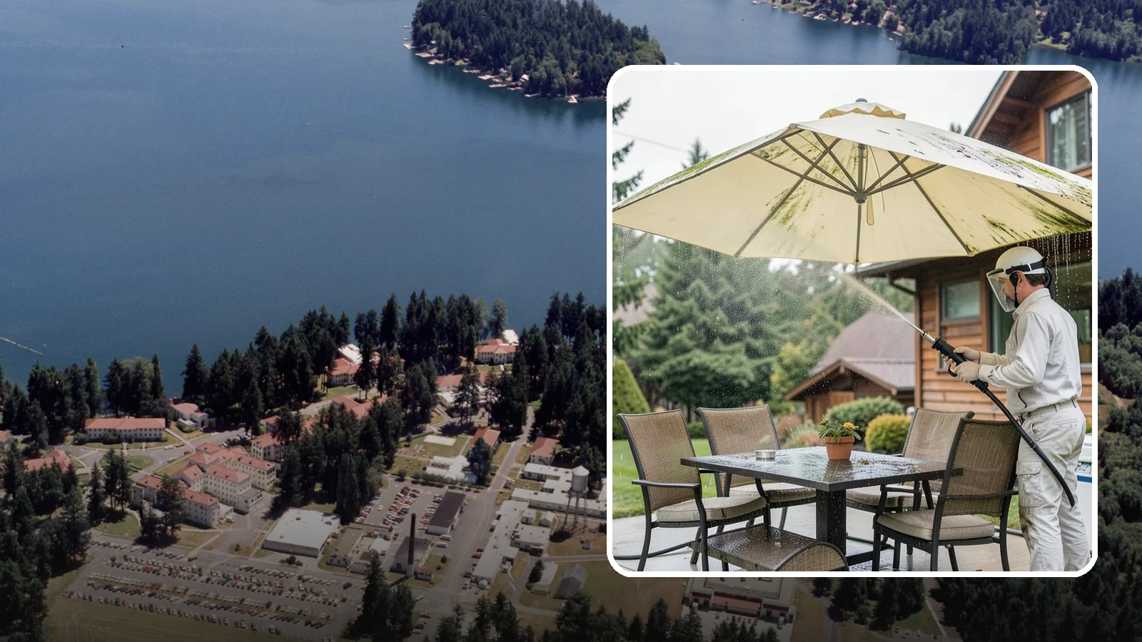 Umbrella Cleaning in Lakewood, Pierce County, WA - We clean patio umbrella canopies and frames to strip out the moss spotting and bird mess that collect over a long rainy season.