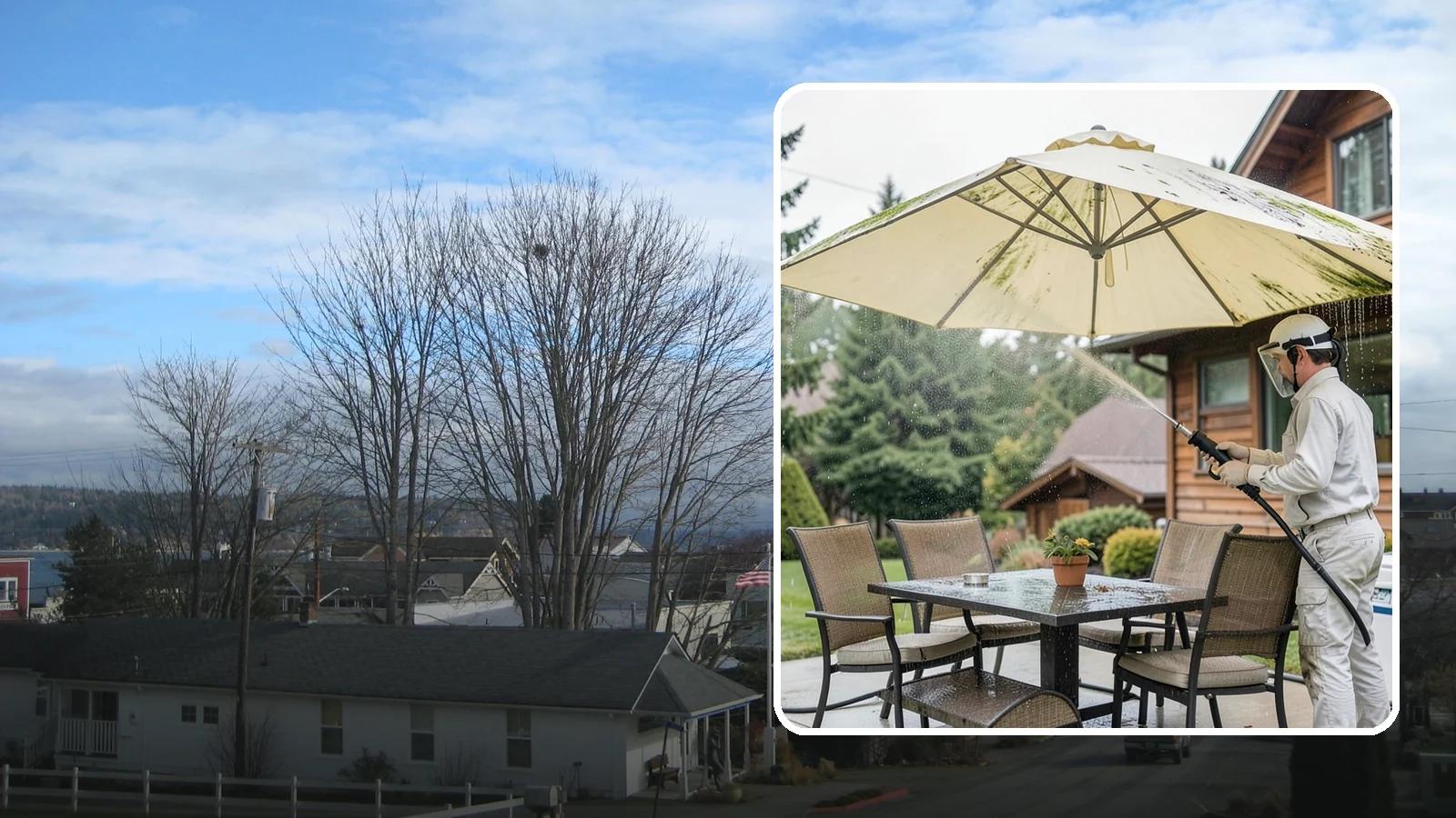 Umbrella Cleaning in Langley, Island County, WA - We clean patio umbrella canopies and frames to strip out the moss spotting and bird mess that collect over a long rainy season.