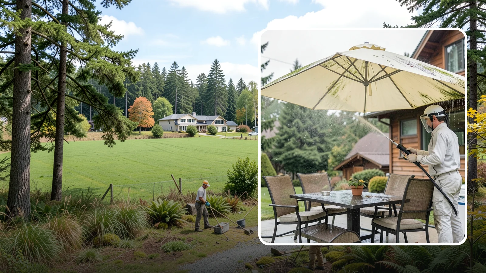 Umbrella Cleaning in Lyman, Skagit County, WA - We clean patio umbrella canopies and frames to strip out the moss spotting and bird mess that collect over a long rainy season.
