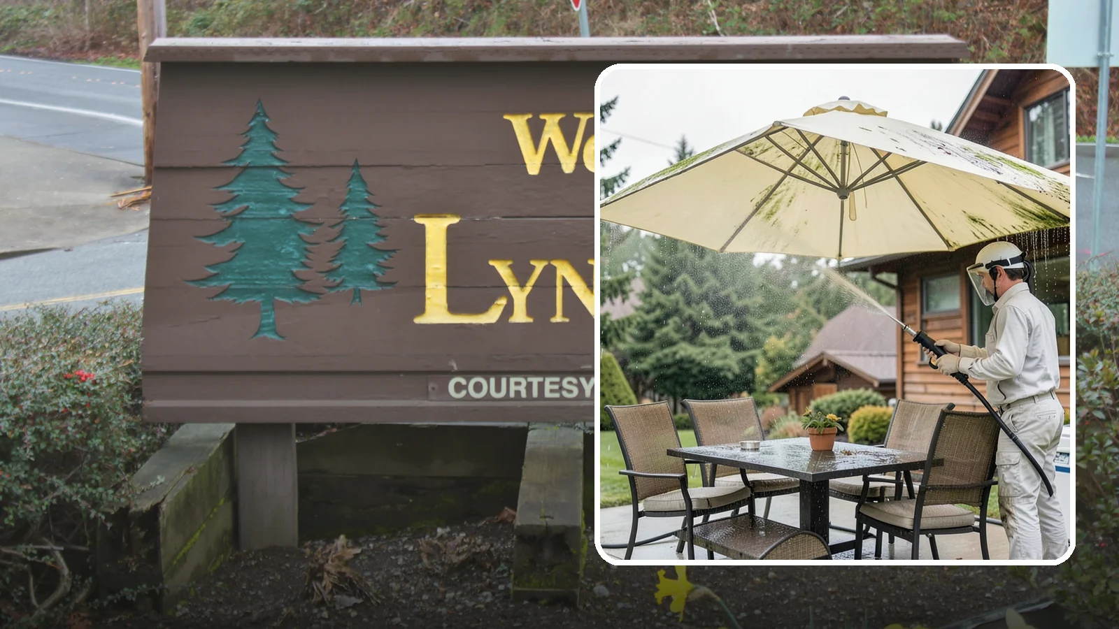 Umbrella Cleaning in Lynnwood, Snohomish County, WA - We clean patio umbrella canopies and frames to strip out the moss spotting and bird mess that collect over a long rainy season.