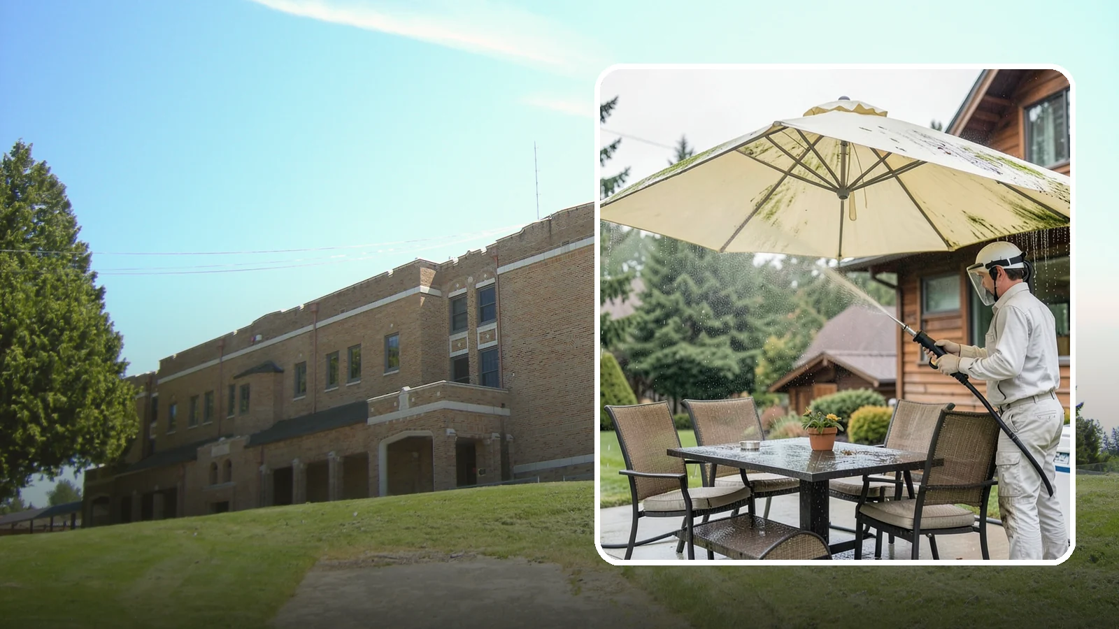 Umbrella Cleaning in Maple Valley, King County, WA - We clean patio umbrella canopies and frames to strip out the moss spotting and bird mess that collect over a long rainy season.