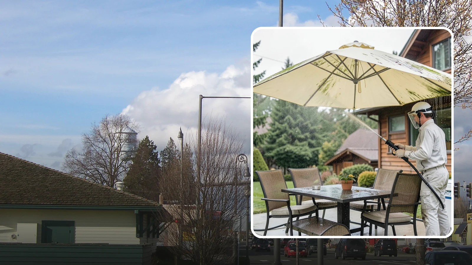 Umbrella Cleaning in Marysville, Snohomish County, WA - We clean patio umbrella canopies and frames to strip out the moss spotting and bird mess that collect over a long rainy season.