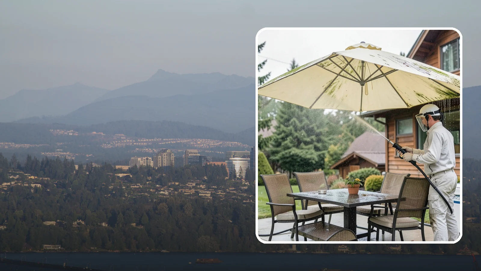 Umbrella Cleaning in Medina, King County, WA - We clean patio umbrella canopies and frames to strip out the moss spotting and bird mess that collect over a long rainy season.
