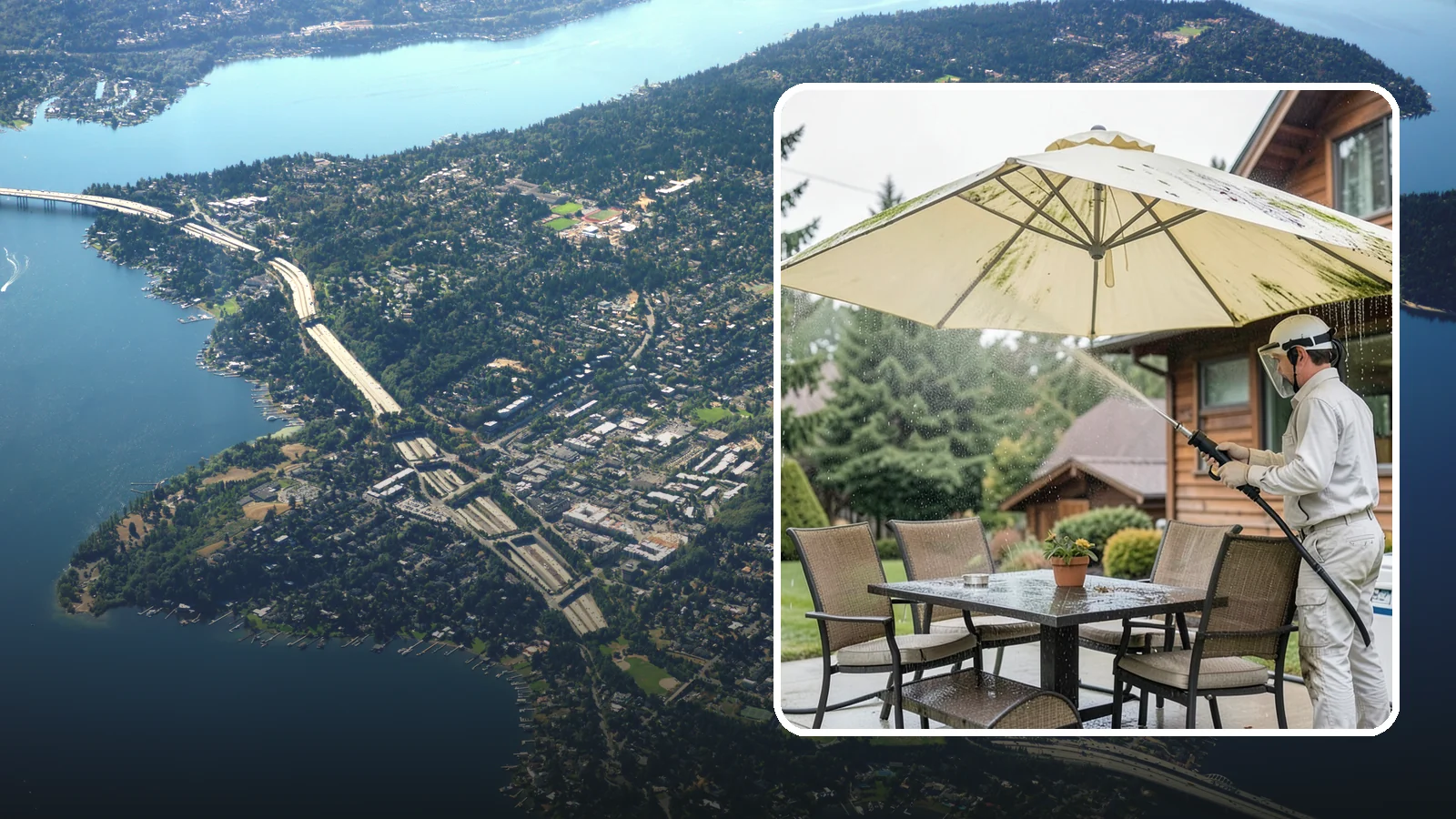 Umbrella Cleaning in Mercer Island, King County, WA - We clean patio umbrella canopies and frames to strip out the moss spotting and bird mess that collect over a long rainy season.