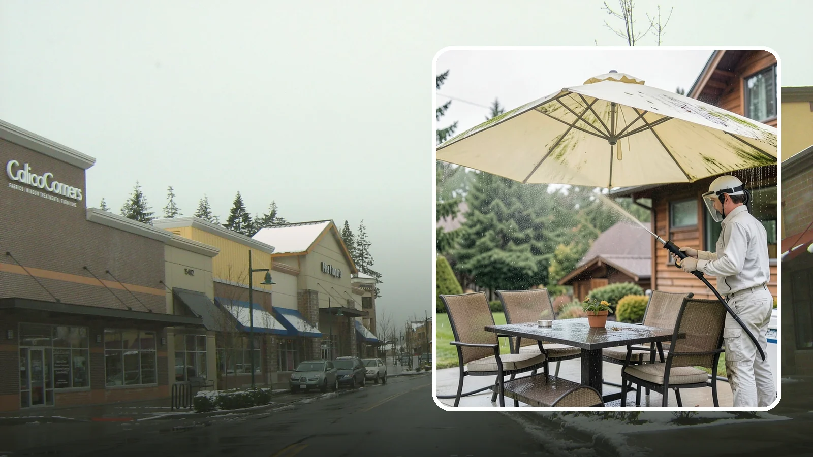Umbrella Cleaning in Mill Creek, Snohomish County, WA - We clean patio umbrella canopies and frames to strip out the moss spotting and bird mess that collect over a long rainy season.