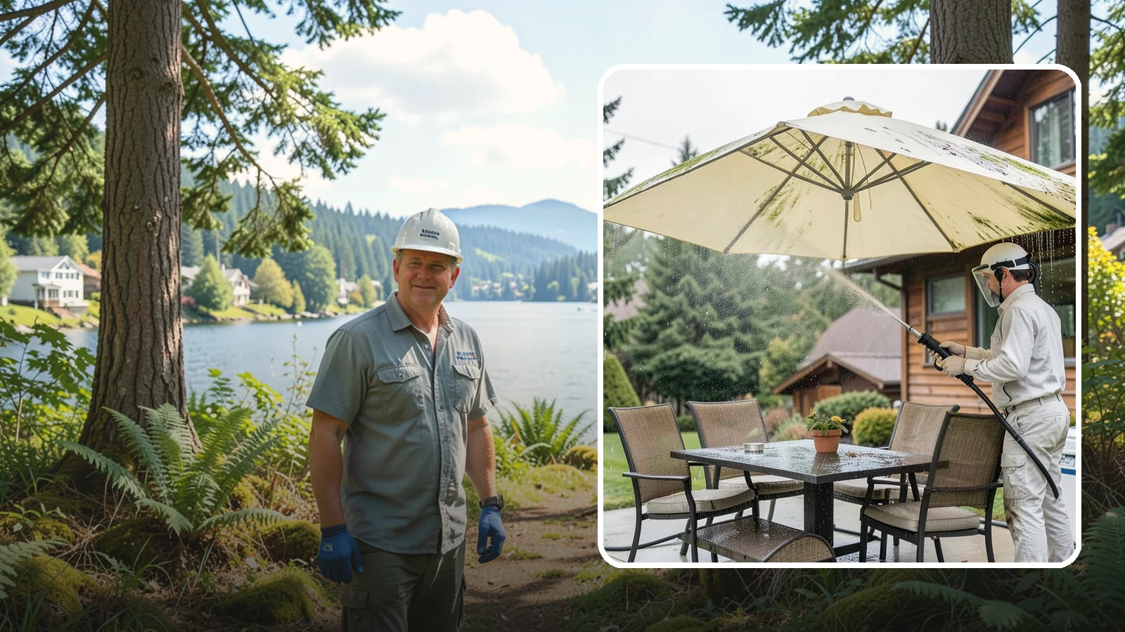 Umbrella Cleaning in Milton, King County, WA - We clean patio umbrella canopies and frames to strip out the moss spotting and bird mess that collect over a long rainy season.