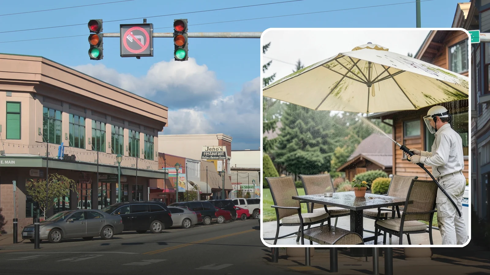 Umbrella Cleaning in Monroe, Snohomish County, WA - We clean patio umbrella canopies and frames to strip out the moss spotting and bird mess that collect over a long rainy season.