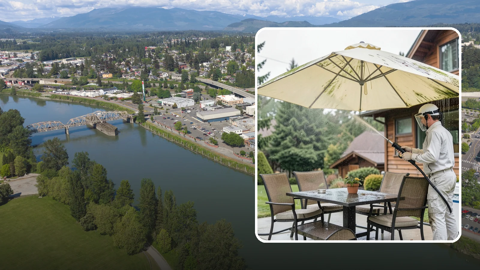 Umbrella Cleaning in Mount Vernon, Skagit County, WA - We clean patio umbrella canopies and frames to strip out the moss spotting and bird mess that collect over a long rainy season.