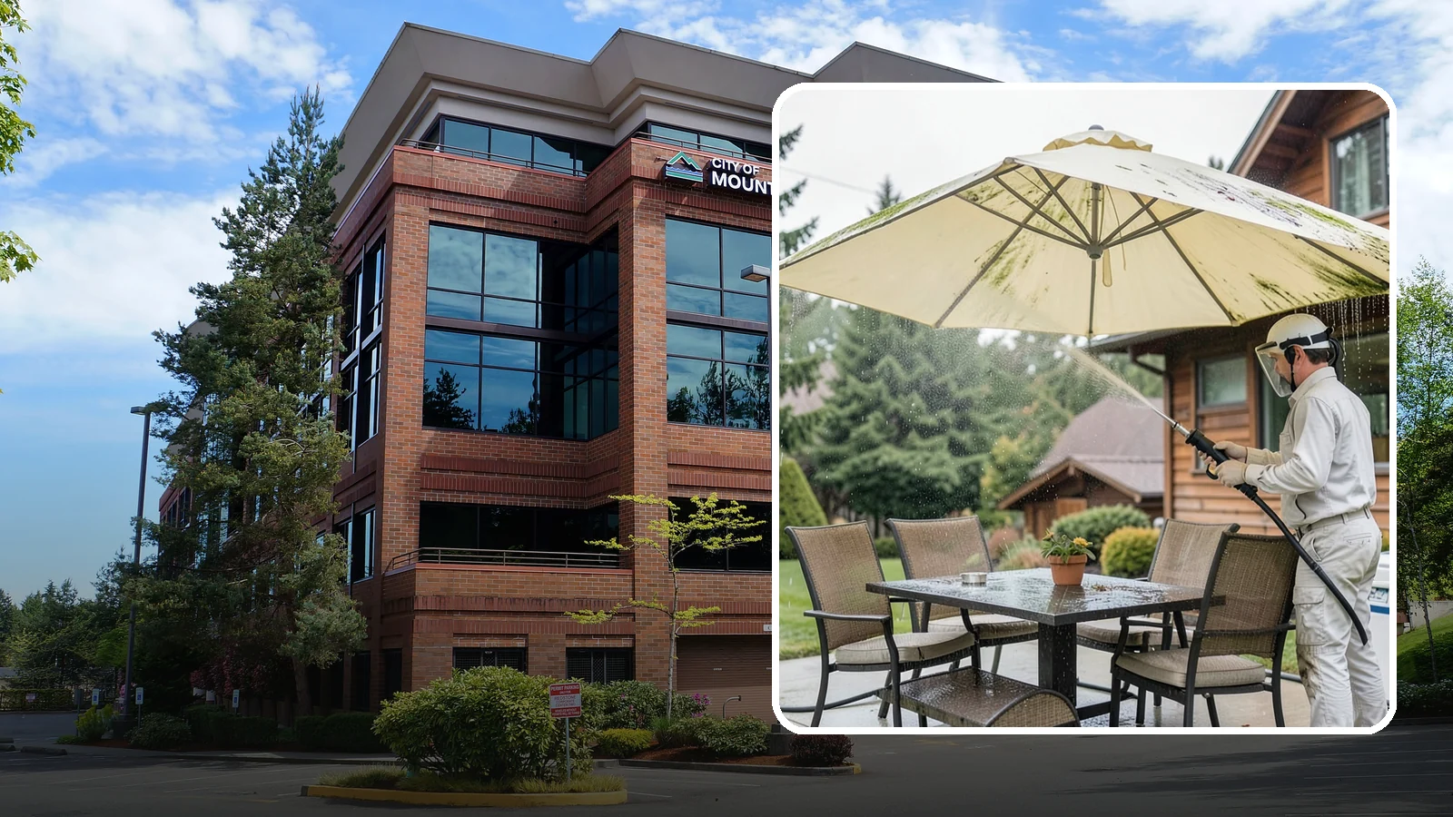 Umbrella Cleaning in Mountlake Terrace, Snohomish County, WA - We clean patio umbrella canopies and frames to strip out the moss spotting and bird mess that collect over a long rainy season.
