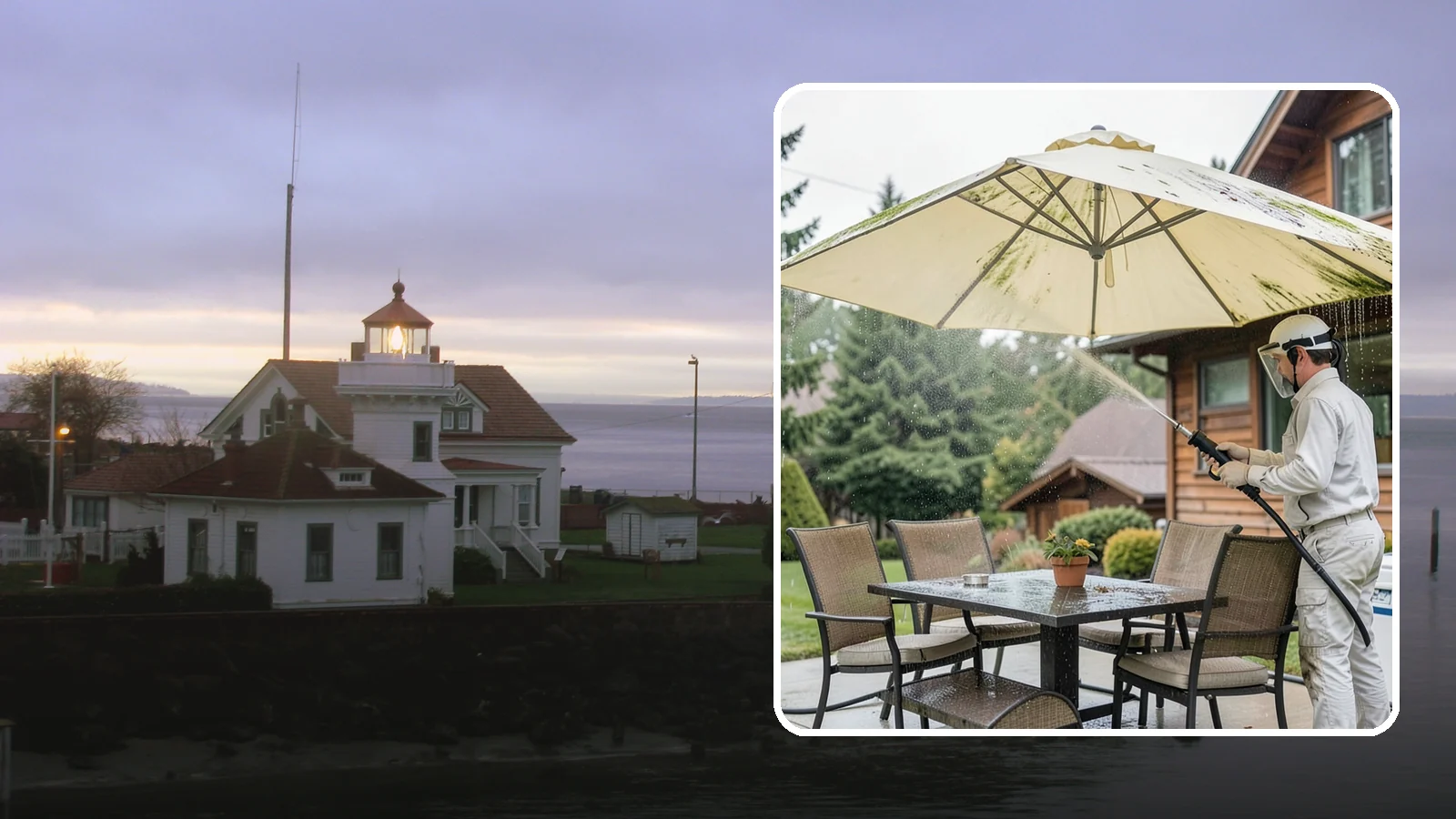 Umbrella Cleaning in Mukilteo, Snohomish County, WA - We clean patio umbrella canopies and frames to strip out the moss spotting and bird mess that collect over a long rainy season.