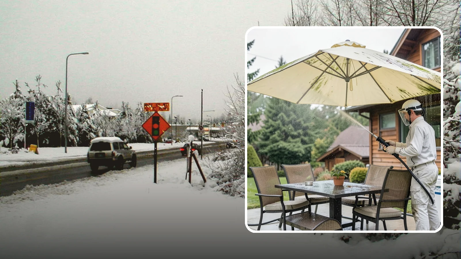 Umbrella Cleaning in Newcastle, King County, WA - We clean patio umbrella canopies and frames to strip out the moss spotting and bird mess that collect over a long rainy season.