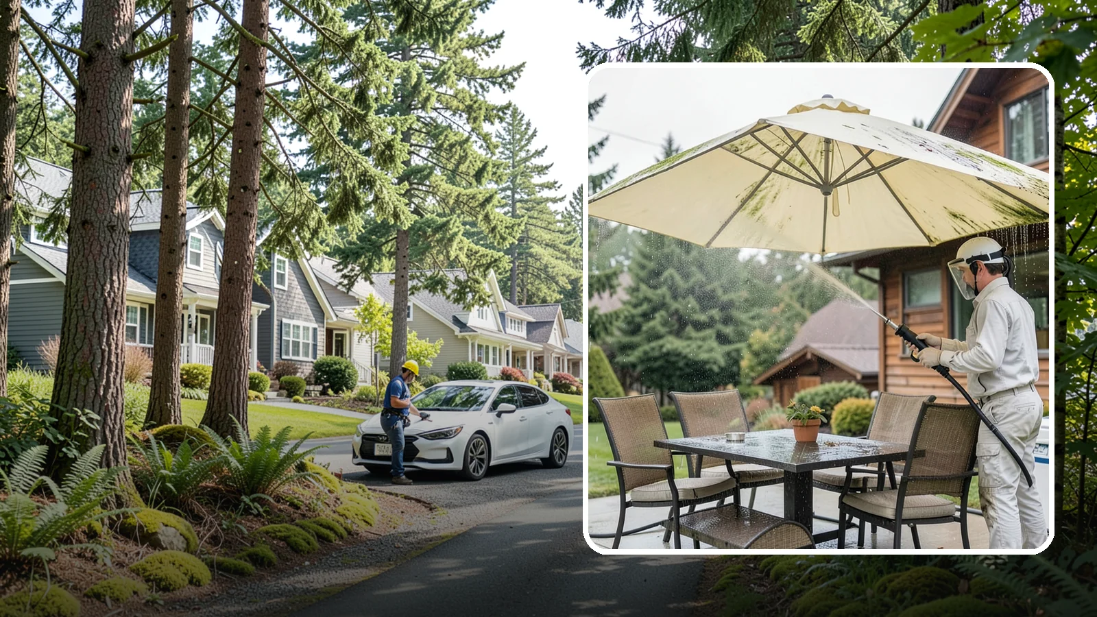 Umbrella Cleaning in Normandy Park, King County, WA - We clean patio umbrella canopies and frames to strip out the moss spotting and bird mess that collect over a long rainy season.