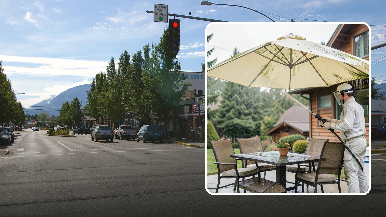 Umbrella Cleaning in North Bend, King County, WA - We clean patio umbrella canopies and frames to strip out the moss spotting and bird mess that collect over a long rainy season.