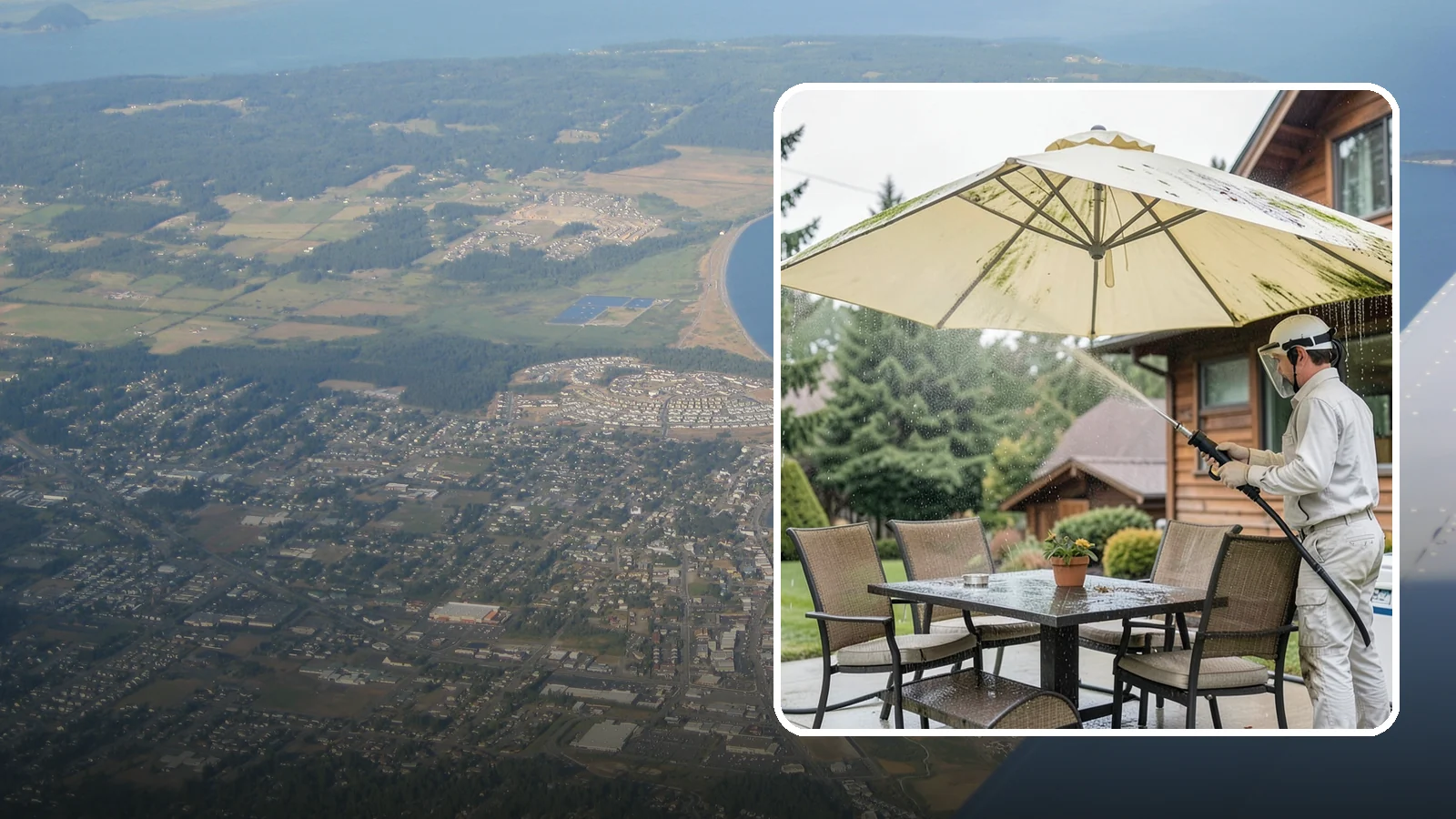 Umbrella Cleaning in Oak Harbor, Island County, WA - We clean patio umbrella canopies and frames to strip out the moss spotting and bird mess that collect over a long rainy season.