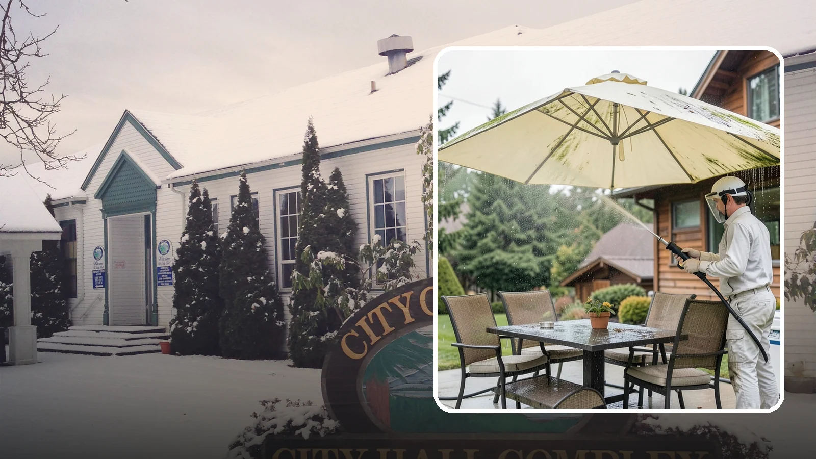 Umbrella Cleaning in Pacific, King County, WA - We clean patio umbrella canopies and frames to strip out the moss spotting and bird mess that collect over a long rainy season.