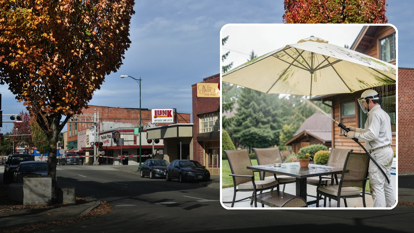 Umbrella Cleaning in Puyallup, Pierce County, WA - We clean patio umbrella canopies and frames to strip out the moss spotting and bird mess that collect over a long rainy season.