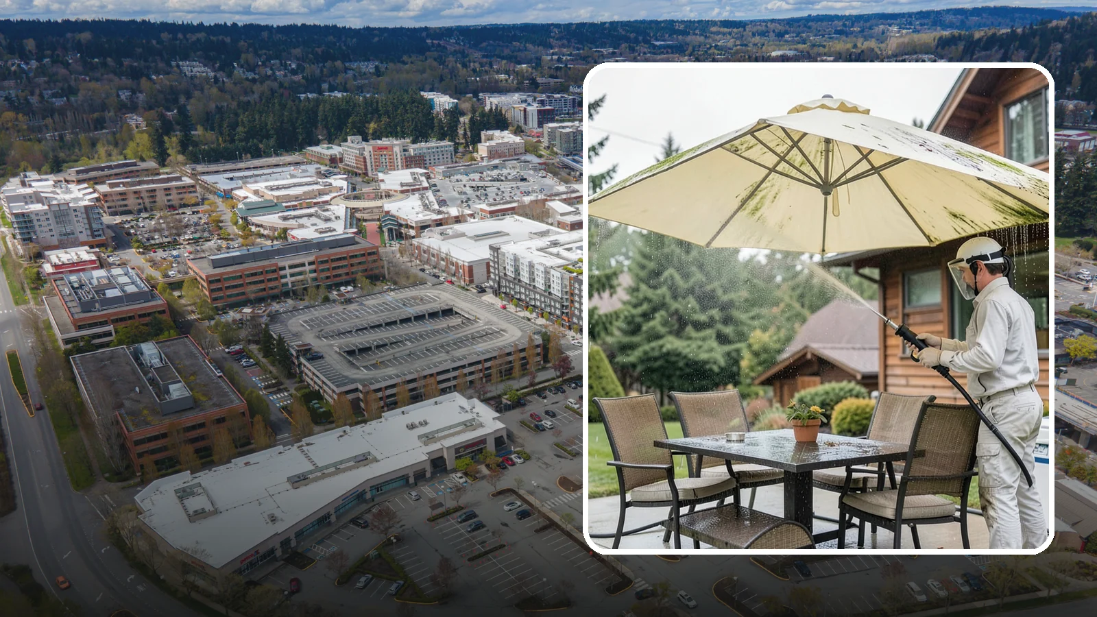 Umbrella Cleaning in Redmond, King County, WA - We clean patio umbrella canopies and frames to strip out the moss spotting and bird mess that collect over a long rainy season.
