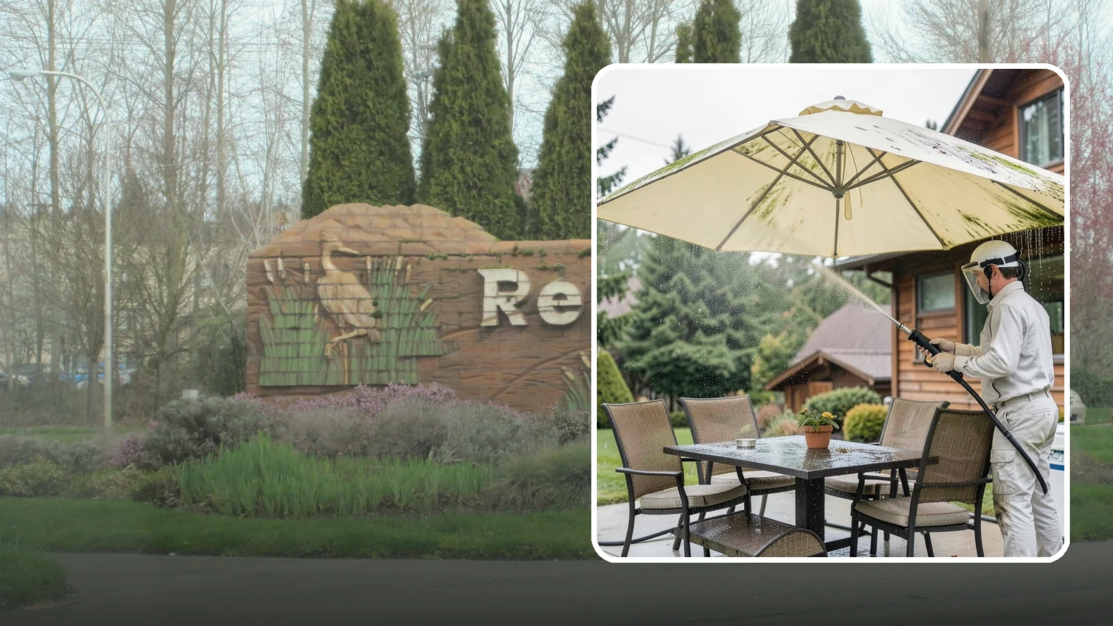 Umbrella Cleaning in Renton, King County, WA - We clean patio umbrella canopies and frames to strip out the moss spotting and bird mess that collect over a long rainy season.