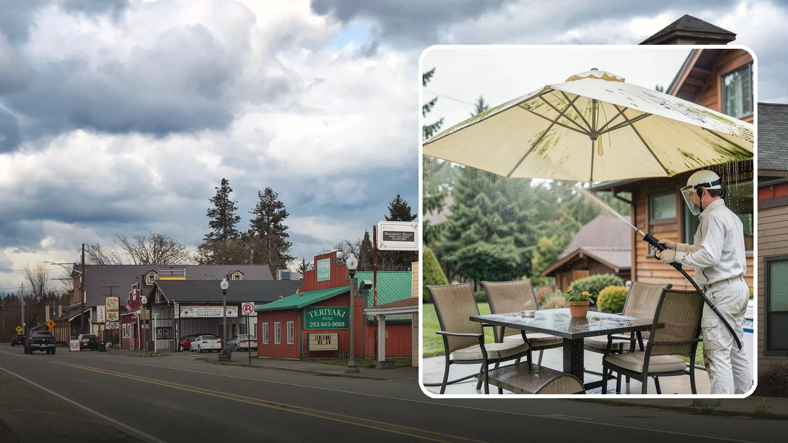 Umbrella Cleaning in Roy, Pierce County, WA - We clean patio umbrella canopies and frames to strip out the moss spotting and bird mess that collect over a long rainy season.
